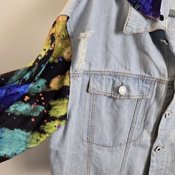 Upcycled Denim Cropped Jacket Thrashed Tie Dye Sleeves Detach Hood 50" Chest - Picture 2 of 13